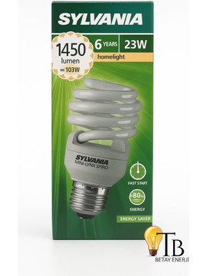 Sylvania 23W Tasarruflu Ampul 1450 Lumen, E27 Duy, 6000 Saat Ömür, Spiral Cfl