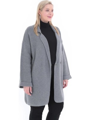 Roxxlen Kadın Büyük Beden Düğme Kapama Triko Kısa Gri Ceket