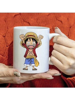 One Piece Hasır Şapkalı Luffy Baskılı Hediyelik Beyaz Kupa Bardak