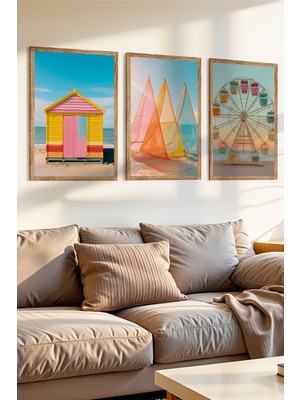Zevahir Mobilya Dekorasyon 3 Parça Renkli Yaz Anıları Konsepli Ahşap Çerçeve Görünümlü Mdf Tablo Seti