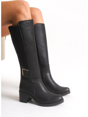 Limeo Deri Görünümlü Arkası Streç Esnek Kalın Orta Yüksek Topuklu Toka Detaylı Fermuarlı Siyah Uzun Çizme