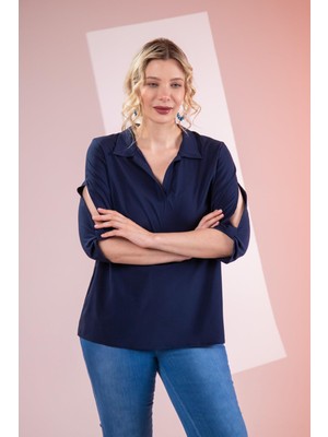 Roxxlen Kadın Büyük Beden Kol Yırtmaç Detaylı Lacivert Bluz