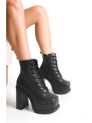 Limeo Kadın Kalın Taban Platform Yüksek Topuk Bağcıklı Fermuarlı Bot