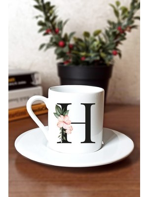 Caddemart | H Harfli Çiçekli Baskılı Porselen Türk Kahvesi Fincanı