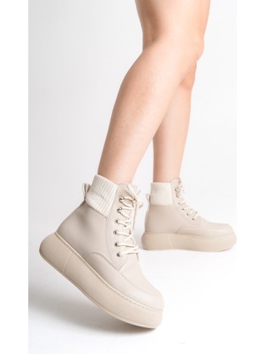 Limeo Kadın Platform Kalın Taban Bağcıklı Triko Detaylı Günlük Bot & Bootie