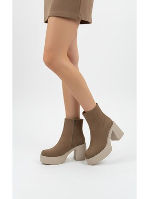 Limeo Kadın Vizon Süet Görünümlü Platform Kalın Topuklu Yandan Fermuarlı Bilek Boy Bot & Bootie