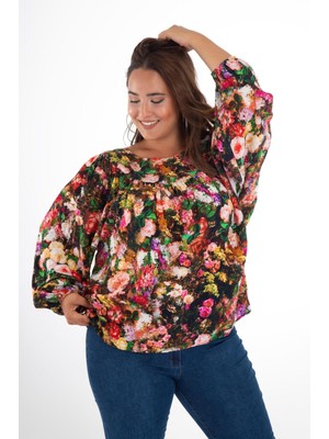 Roxxlen Kadın Büyük Beden Önü Drapeli Renkli Bluz Çok Renkli Renkli