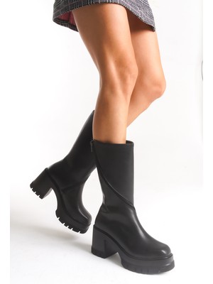 Limeo Kadın Siyah Yuvarlak Burun Kalın Tabanlı Fermuarlı Platform Topuklu Uzun Çizme