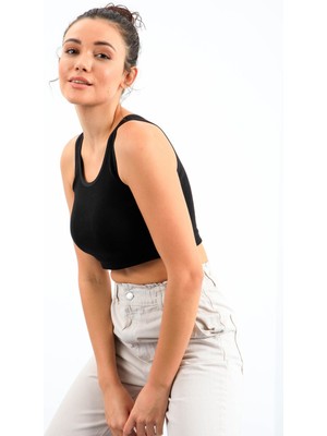 Tommy Life Siyah Basic Sıfır Kol Dar Kalıp U Yaka Kadın Crop Top Atlet - 97162