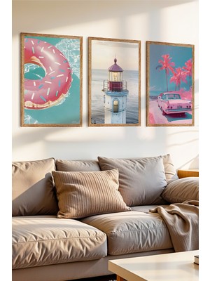 Zevahir Mobilya Dekorasyon 3 Parça Renkli Yaz Rüyası Konsepli Ahşap Çerçeve Görünülmü Mdf Tablo Seti