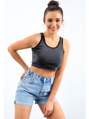 Lacivert Melanj Basic Sıfır Kol Dar Kalıp U Yaka Kadın Crop Top Atlet - 97162