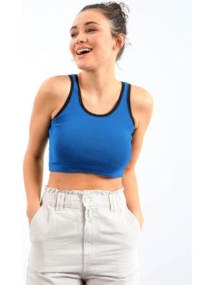 Tommy Life Turkuaz Basic Sıfır Kol Dar Kalıp U Yaka Kadın Crop Top Atlet - 97162