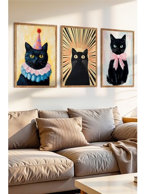 Zevahir Mobilya Dekorasyon 3 Parça Siyah Kedi Temalı Ahşap Çerçeve Görünümlü Mdf Tablo Seti
