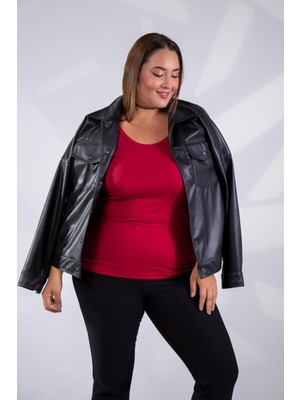 Roxxlen Kadın Büyük Beden Geniş Yaka Basıc Bluz Bordo Somon