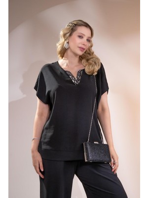 Roxxlen Kadın Büyük Beden Yaka Pul Payetli Siyah Bluz