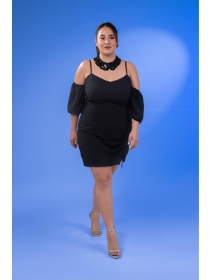 Roxxlen Kadın Büyük Beden Yaka- Kol Detaylı Siyah Elbise