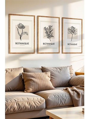 Zevahir Mobilya Dekorasyon 3 Parça Minimal Botanik Çiçekler Temalı Ahşap Çerçeve Görünümlü Mdf Tablo Seti