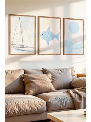 Zevahir Mobilya Dekorasyon 3 Parça Gemi Balık ve Okyanus Temalı Ahşap Çerçeve Görünümlü Mdf Tablo Seti