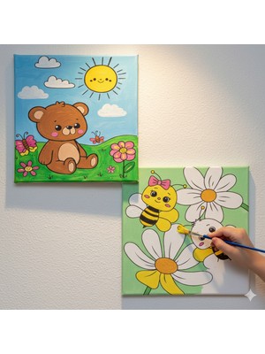 Dudu Gift TATİL-KARNE HEDİYESİ 2'li Tuval Boyama Seti 20 x 20 cm Uv Baskı 6 Akrilik Boya 1 Fırça model 181