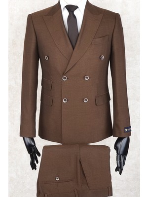 Jan Carlucci Slim Fit Geniş Sivri Yaka-Çift Yırtmaç Kahverengi Çift Cep Kruvaze Drop 6 Takım Elbise
