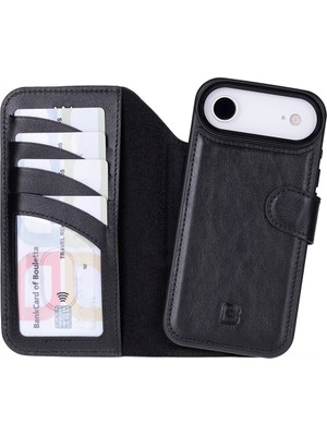 Bouletta Apple iPhone 17 Air Için, Hakiki Deri, El Yapımı Cüzdanlı Kılıf, Magsafe ile Uyumlu, Iç Yüzeyi Kadife, Siyah