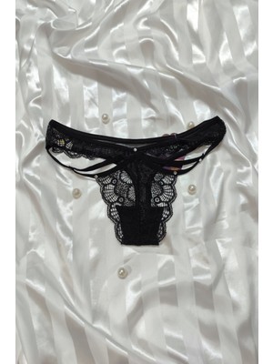 Papatya Siyah Dantel Esnek Dokuma Taş Süslemeli Transparan Tanga