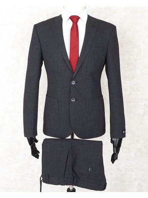 Jan Carlucci Slim Fit Beli Lastikli-Yarım Astar-Mono Yaka-Çift Yırtmaç  Antrasit Torba Cep Drop 6 Takım Elbise