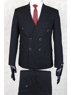 Jan Carlucci Slim Fit Geniş Sivri Yaka-Çift Yırtmaç Siyah Çizgili Çift Cep Kruvaze Drop 6 Takım Elbise
