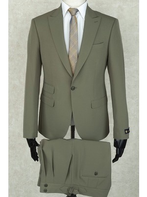 Jan Carlucci Slimfit Sivri Yaka-Çift Yırtmaç Yeşil Drop 6  Takım Elbise - Pantolonu Yüksek Kemer, Tokalı, Pileli, Bol Kesim