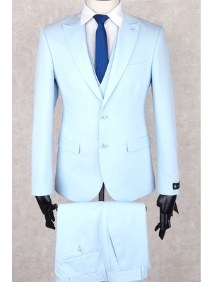 Jan Carlucci Slim Fit Sivri Yaka-Çift Yırtmaç Buz Mavisi  Yelekli Drop 6  Takım Elbise