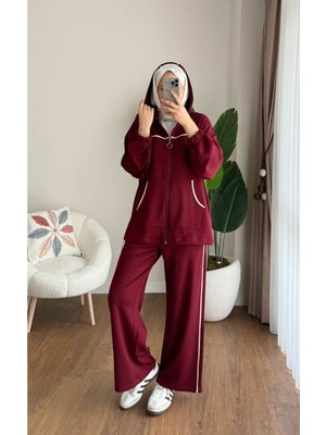 Miraydin Butik Kadın Biye ve Kapüşonlu Fermuar Detaylı Tesettür Eşofman Takım M251077 - Bordo