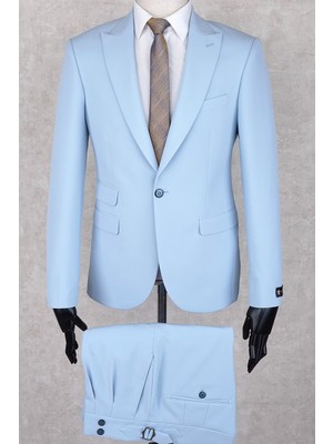 Jan Carlucci Buz Mavisi Slim Fit Çift Pileli- Tokalı Italyan Pantolon, Çift Cep Ceket Modelli  Drop 6 Takım Elbise