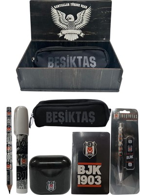 Me Çanta Beşiktaş Orjinal Lisanslı Siyah Air Kalemtraş Ahşap Kutulu 6'lı Kırtasiye Seti