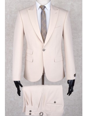 Jan Carlucci Bej Rengi Slim Fit Çift Pileli- Tokalı Italyan Pantolon, Çift Cep Ceket Modelli  Drop 6 Takım Elbise