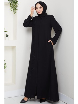 Gizli Patlı Taşlı Ferace Siyah HM2851