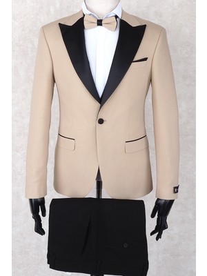 Jan Carlucci Slim Fit Sivri Yaka-Çift Yırtmaç  Bej Rengi Drop 6 Damatlık Smokin - Full Set Yelek, Gömlek, Papyon