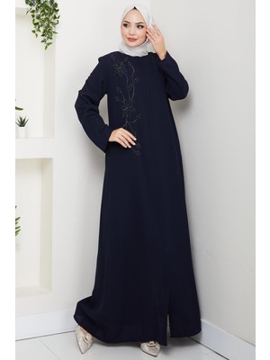 Çiçek Detay Taşlı Ferace Lacivert HM2847