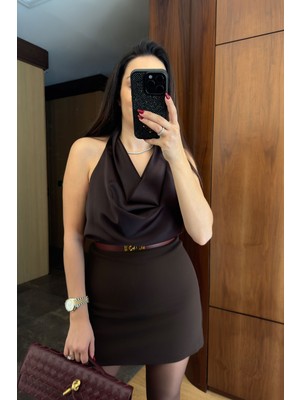 Magarde Degaje Yaka Premium Saten Bluz- Kahverengi