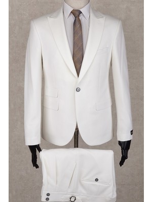 Jan Carlucci Beyaz Slim Fit Çift Pileli- Tokalı Italyan Pantolon, Çift Cep Ceket Modelli  Drop 6 Takım Elbise