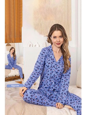 Remsa Kadın Leopar Desen Düğmeli Suprem Pijama Takımı 0319 Leo Mor