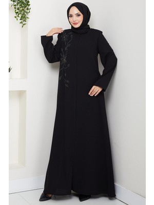 Çiçek Detay Taşlı Ferace Siyah HM2847