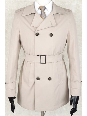 Jan Carlucci Kemerli Bej Trençkot Uzun Kol Su İtici Özellikli Erkek Midi Boy