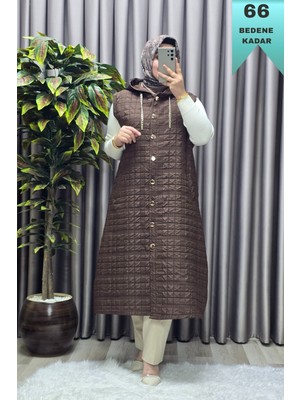 Elmas Tesettür Kadın Giyim Büyük Beden Kapşonlu Astarlı Kare Desen Yelek