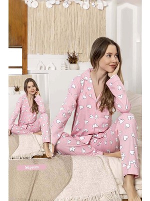 Remsa Kadın Kalp Desen Düğmeli Suprem Pijama Takımı 0392 PEMBE01