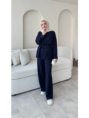 Miraydin Butik Kadın Düğme Detaylı Seyyar Kuşaklı Takım M5002 - Lacivert