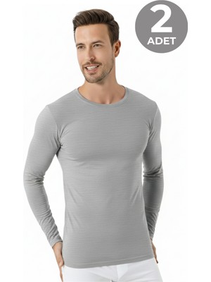 Arma Yıldız Erkek Gri Bisiklet Yaka Uzun Kollu Fanila Tişört 2'li Paket %100 Pamuk Penye