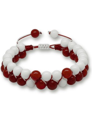 Tesbihane Çift Sıra Makrome Örgülü Küre Kesim Kırmızı Beyaz Jade Akik Doğaltaş Erkek Taraftar Bileklik