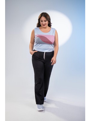 Roxxlen Kadın Baskılı Atlet Mavi Dalgıç Kumaş, Geniş Yaka, Büyük Beden Konforu