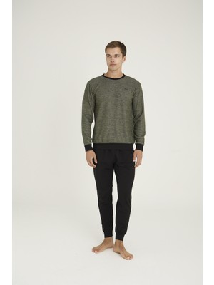 Kly Erkek Yeşil Renk Uzun Kollu Bisiklet Yaka Lastikli Paça Pijama Takımı C4T6N08