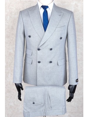 Jan Carlucci Slim Fit Geniş Sivri Yaka-Çift Yırtmaç Gri Çift Cep Kruvaze Drop 6 Takım Elbise